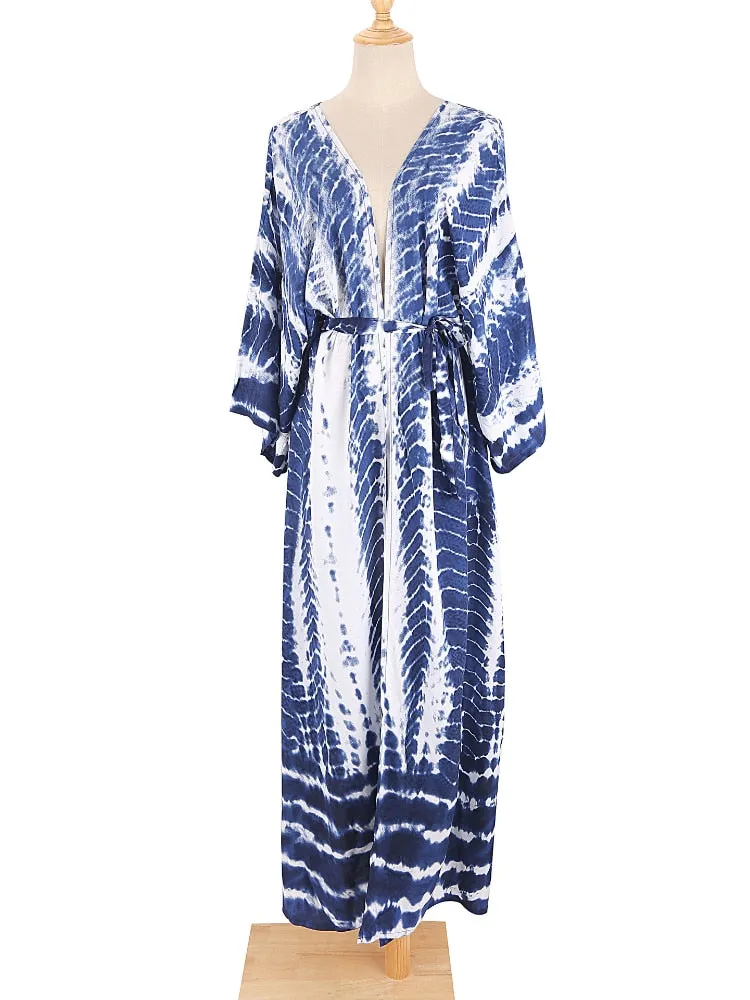 Bikini Cover Up, Tie Dye Printed Swimsuit Cape, Bohemian Beach Kimono Dresses