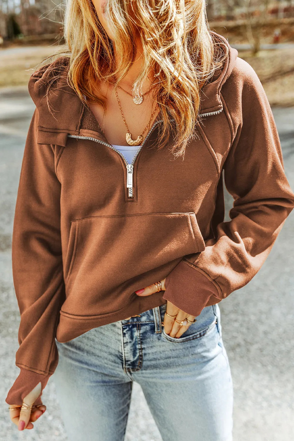 Brown Quarter Zip Kangaroo Pocket Hoodie