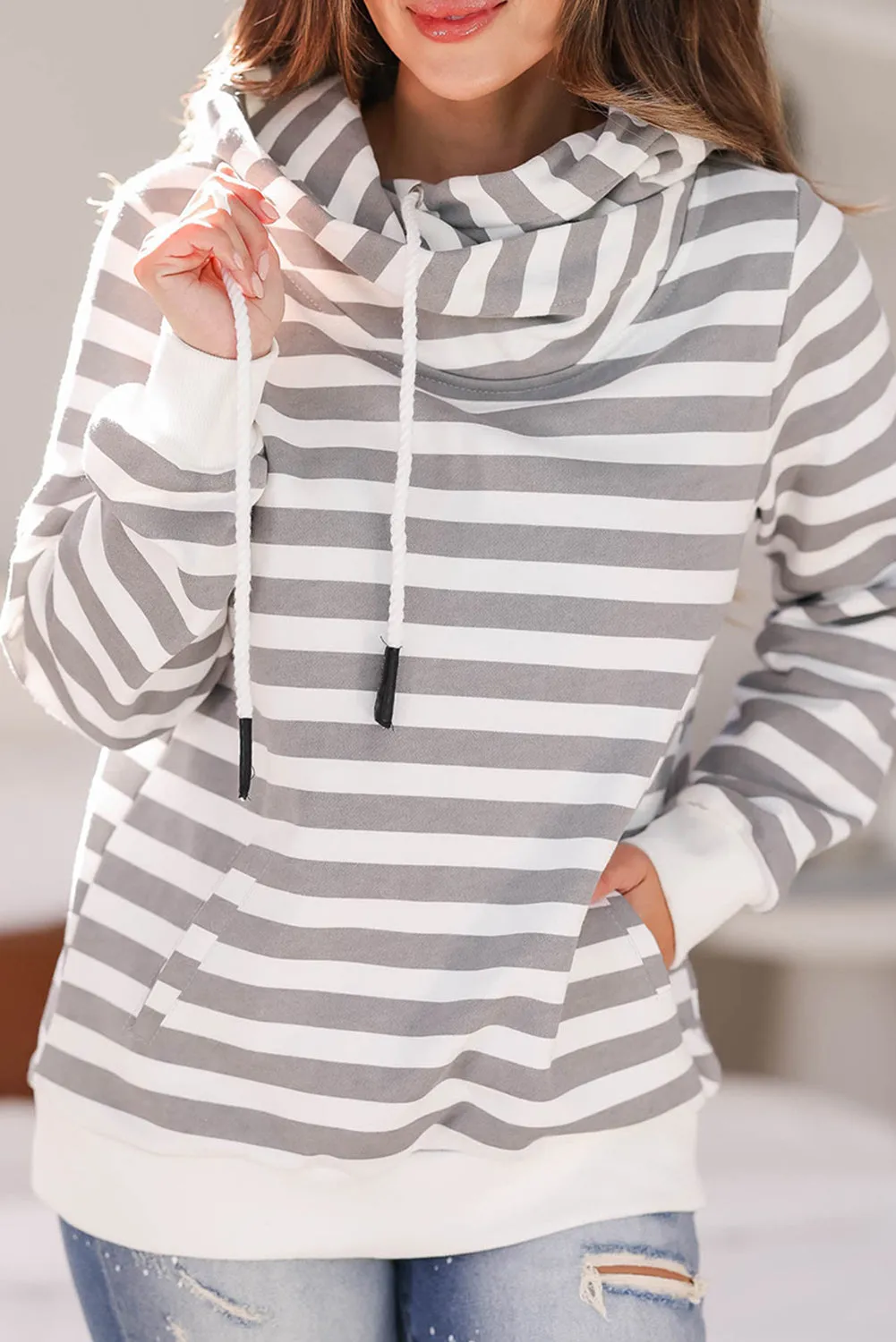 Contrast Cuffs Long Sleeve Striped Hoodie