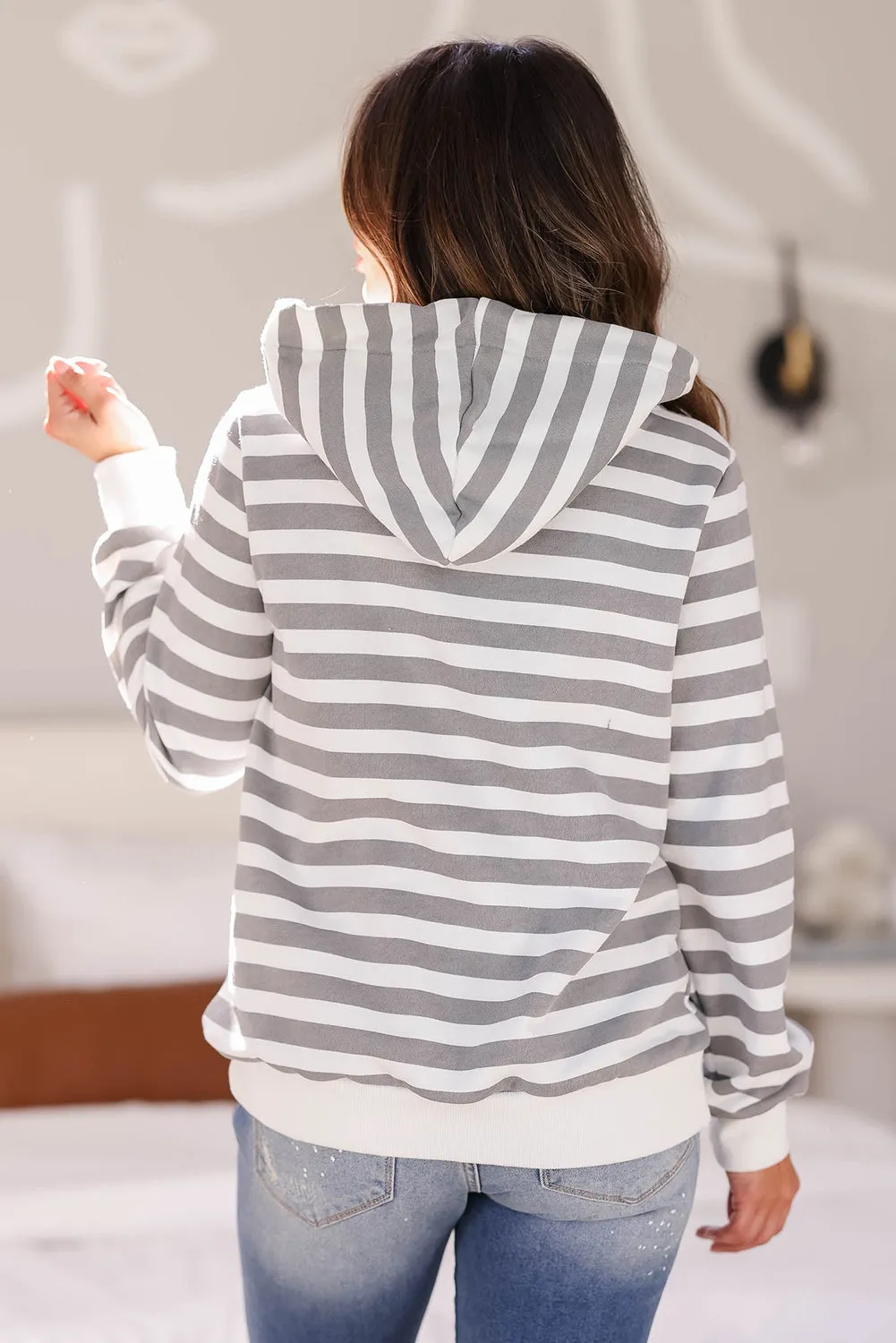 Contrast Cuffs Long Sleeve Striped Hoodie