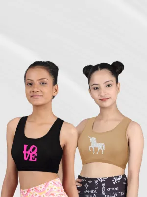 Double-layer Broad Strap Cotton Sports Bra | Non Padded Beginner Bra | Love & Unicorn Printed Bra