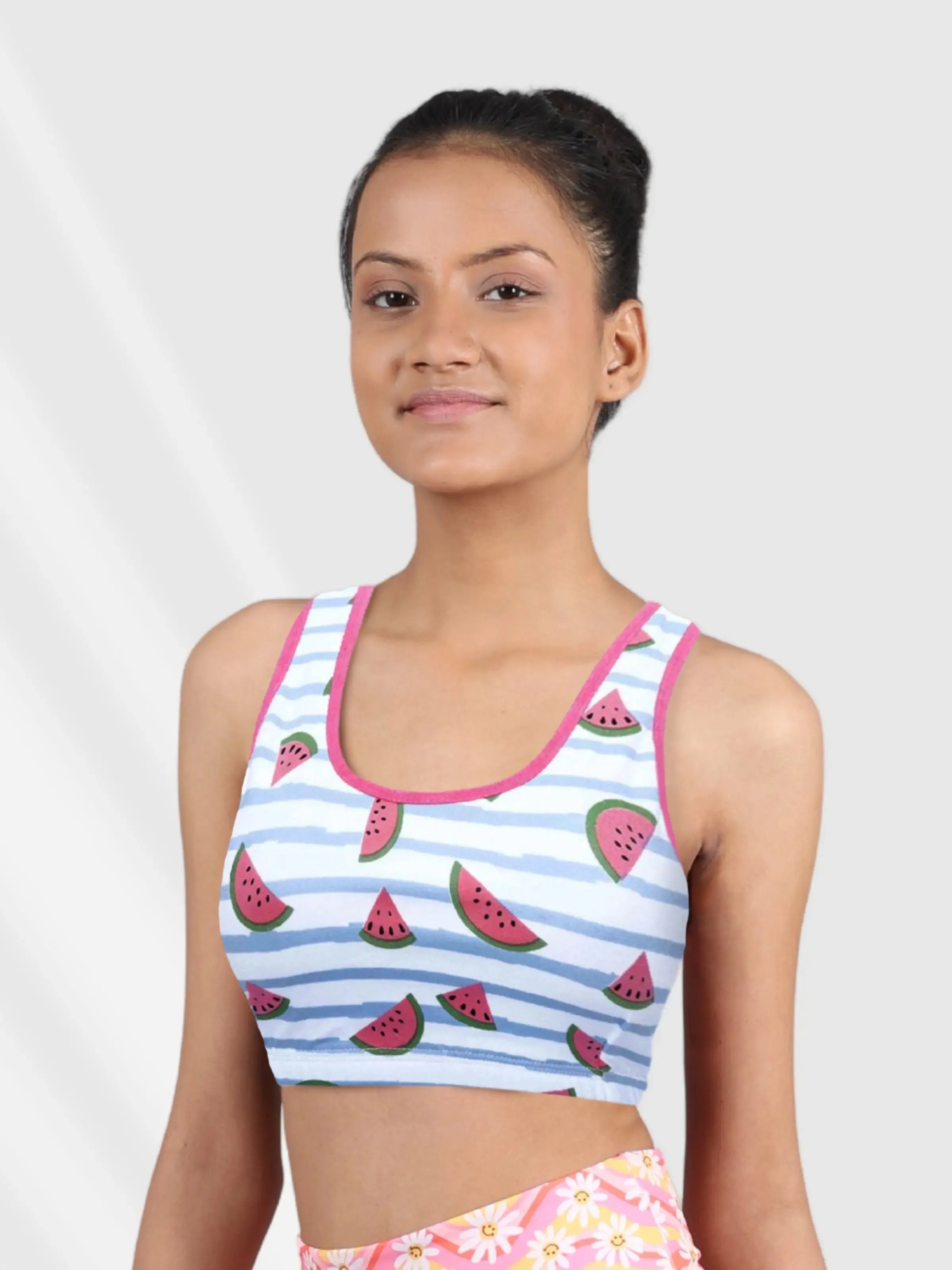 Double-Layer Broad Strap Cotton Sports Bra | Non-Padded Beginner Bra | Printed Design