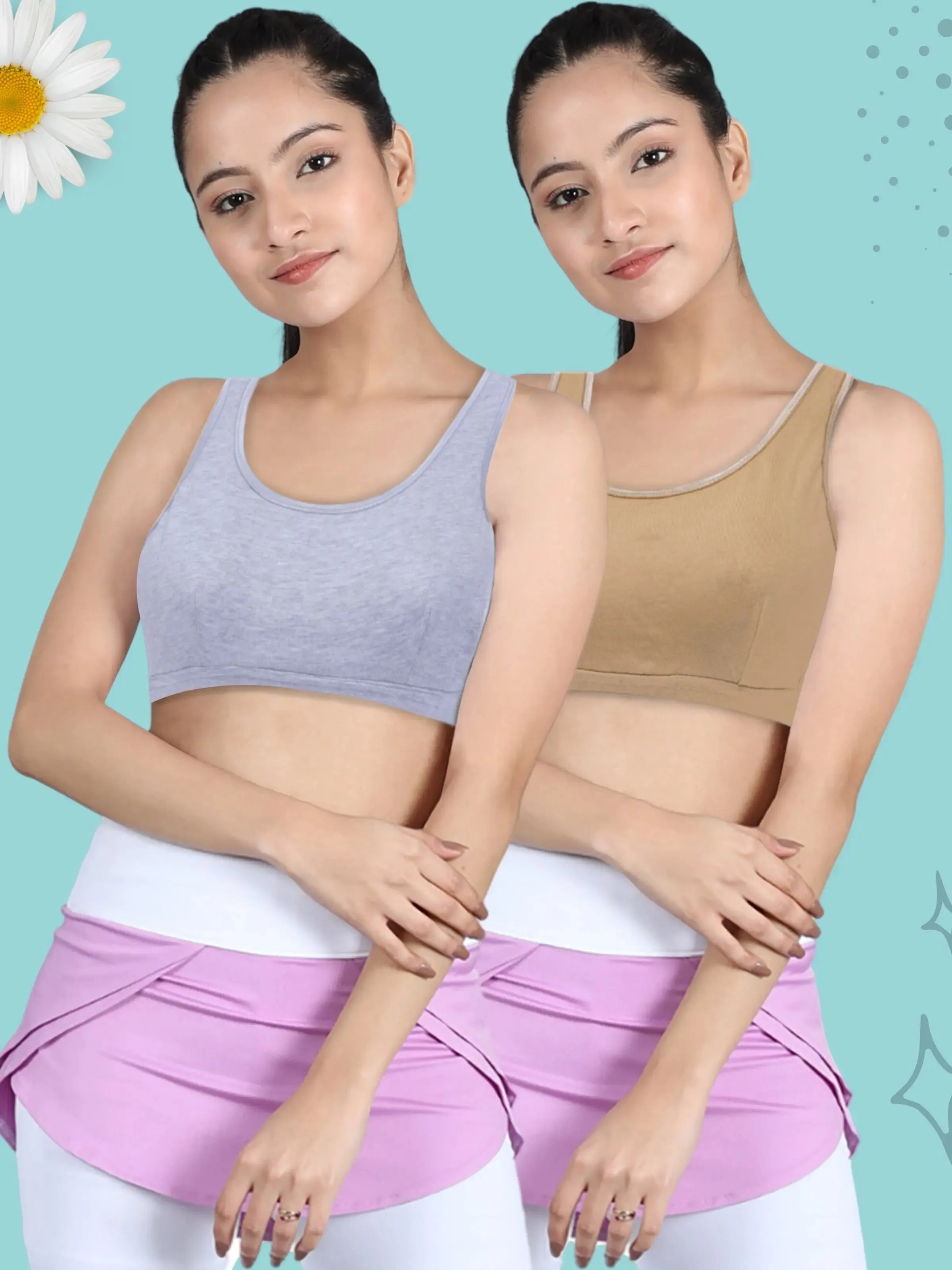 Double-layer Broad Strap Cotton Yoga Bra | Non Padded Beginner Bra For Girls | Solid Bras Pack of 2