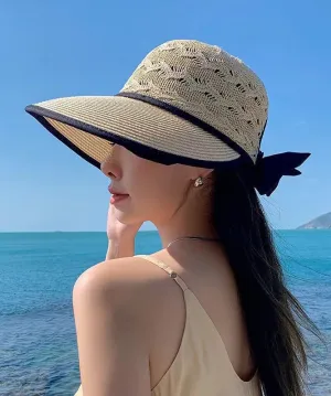 Fashion Beige Hollow Breathable Sun Hat Bow Large Brim II056