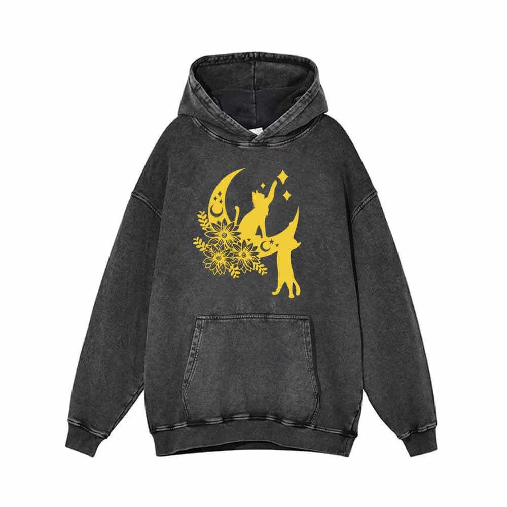 Floral Cats with Moon Star Vintage Washed Hoodie