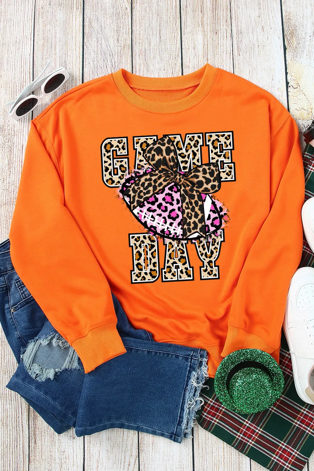 Game Day Crew Neck Bow Rugby Pattern Pullover Sweatshirt