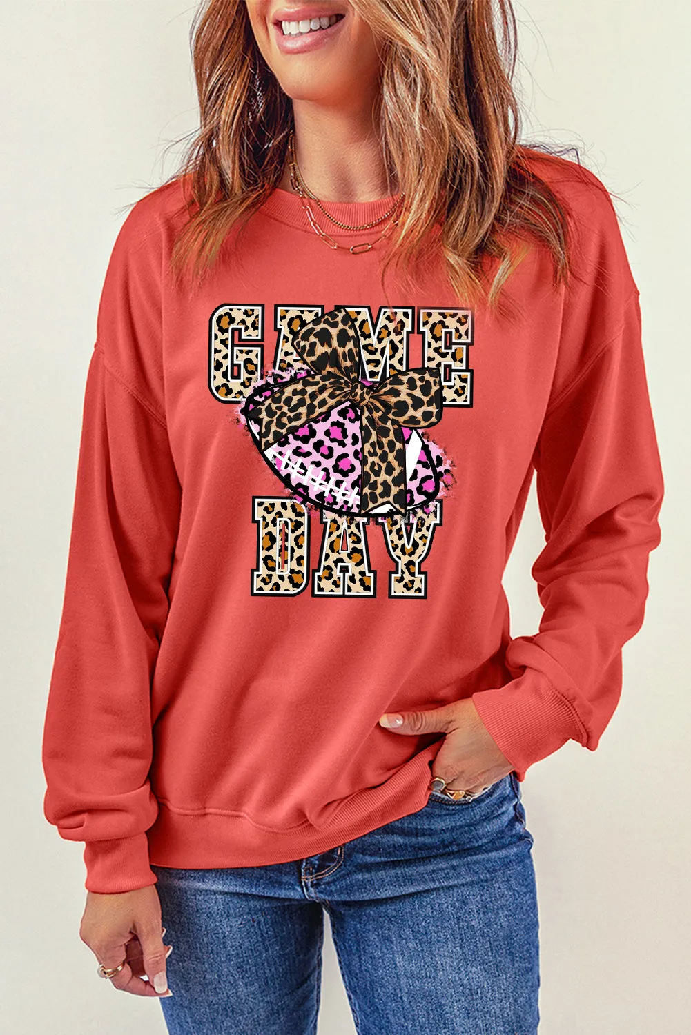 Game Day Crew Neck Bow Rugby Pattern Pullover Sweatshirt