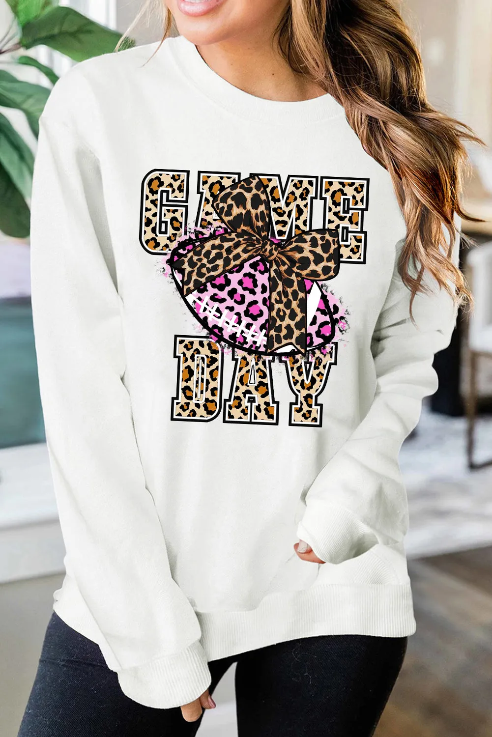 Game Day Crew Neck Bow Rugby Pattern Pullover Sweatshirt