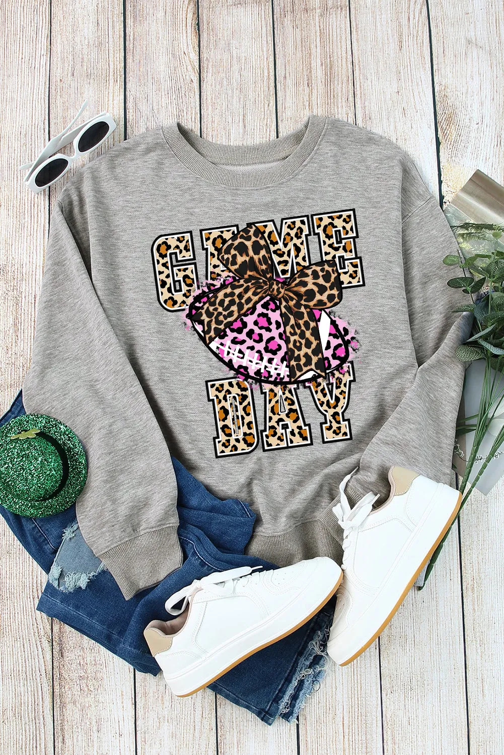 Game Day Crew Neck Bow Rugby Pattern Pullover Sweatshirt