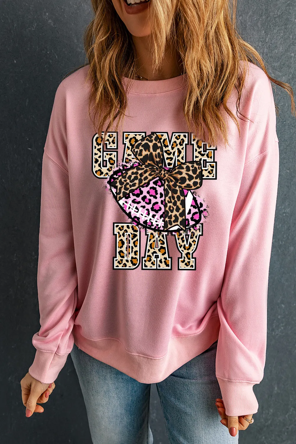 Game Day Crew Neck Bow Rugby Pattern Pullover Sweatshirt