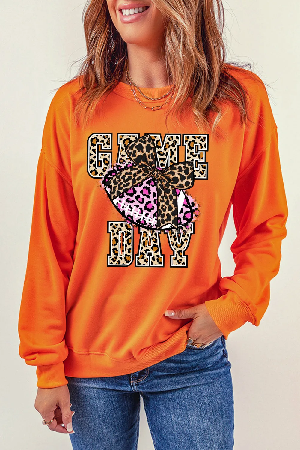 Game Day Crew Neck Bow Rugby Pattern Pullover Sweatshirt