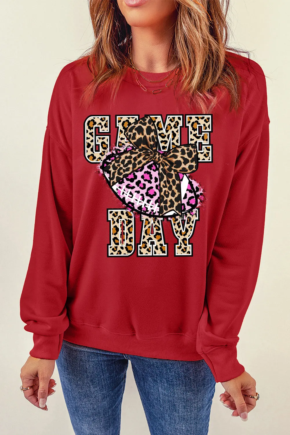 Game Day Crew Neck Bow Rugby Pattern Pullover Sweatshirt