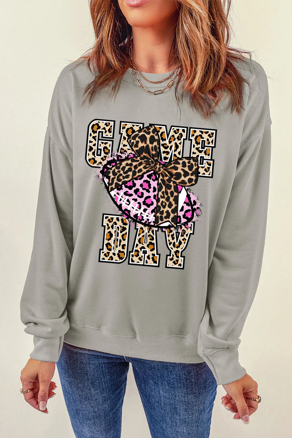 Game Day Crew Neck Bow Rugby Pattern Pullover Sweatshirt