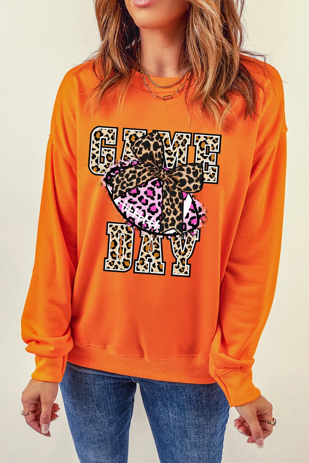 Game Day Crew Neck Bow Rugby Pattern Pullover Sweatshirt