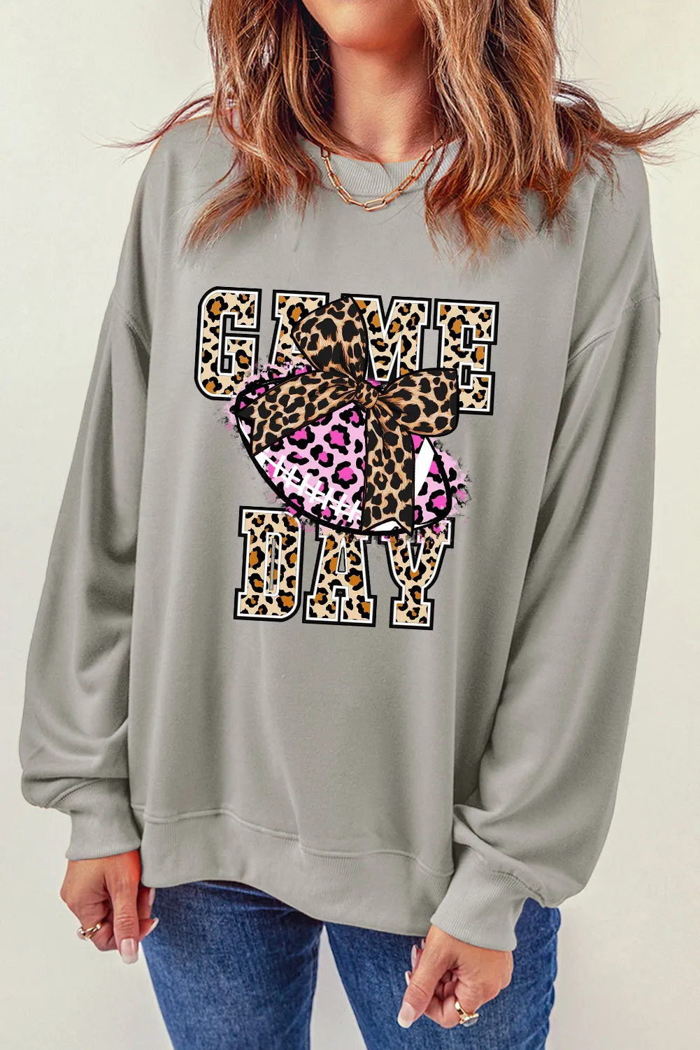 Game Day Crew Neck Bow Rugby Pattern Pullover Sweatshirt