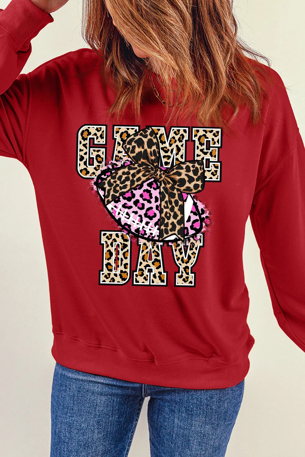 Game Day Crew Neck Bow Rugby Pattern Pullover Sweatshirt