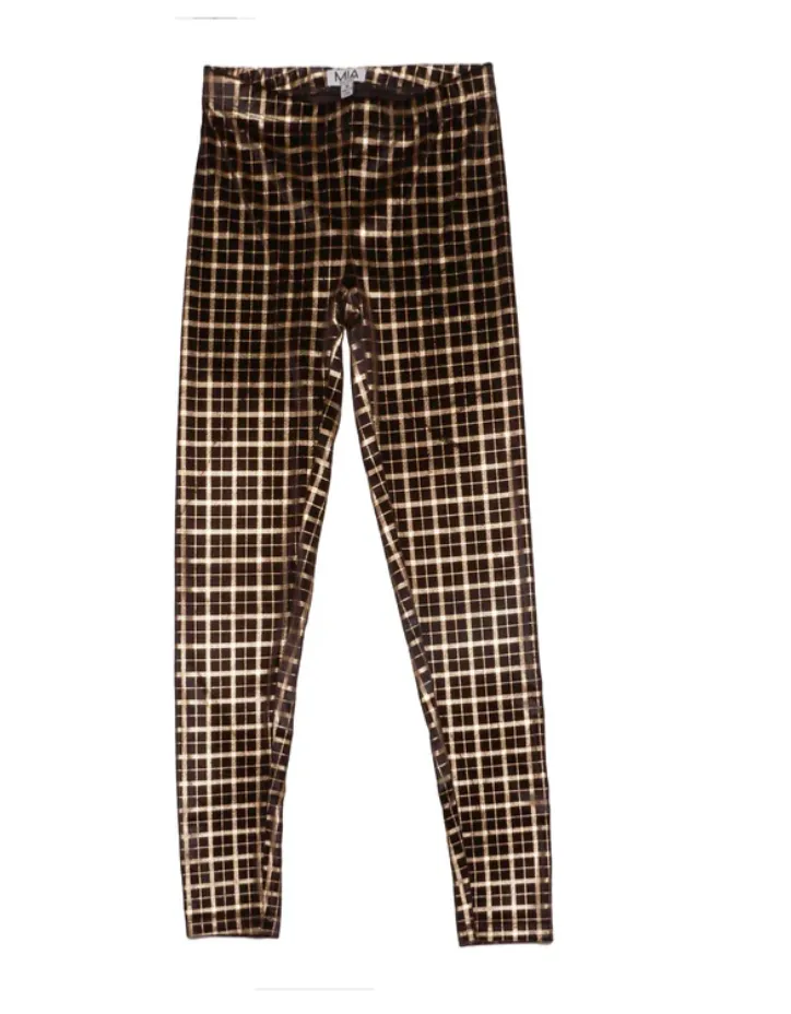 Girls Black & Gold Plaid Velour Leggings