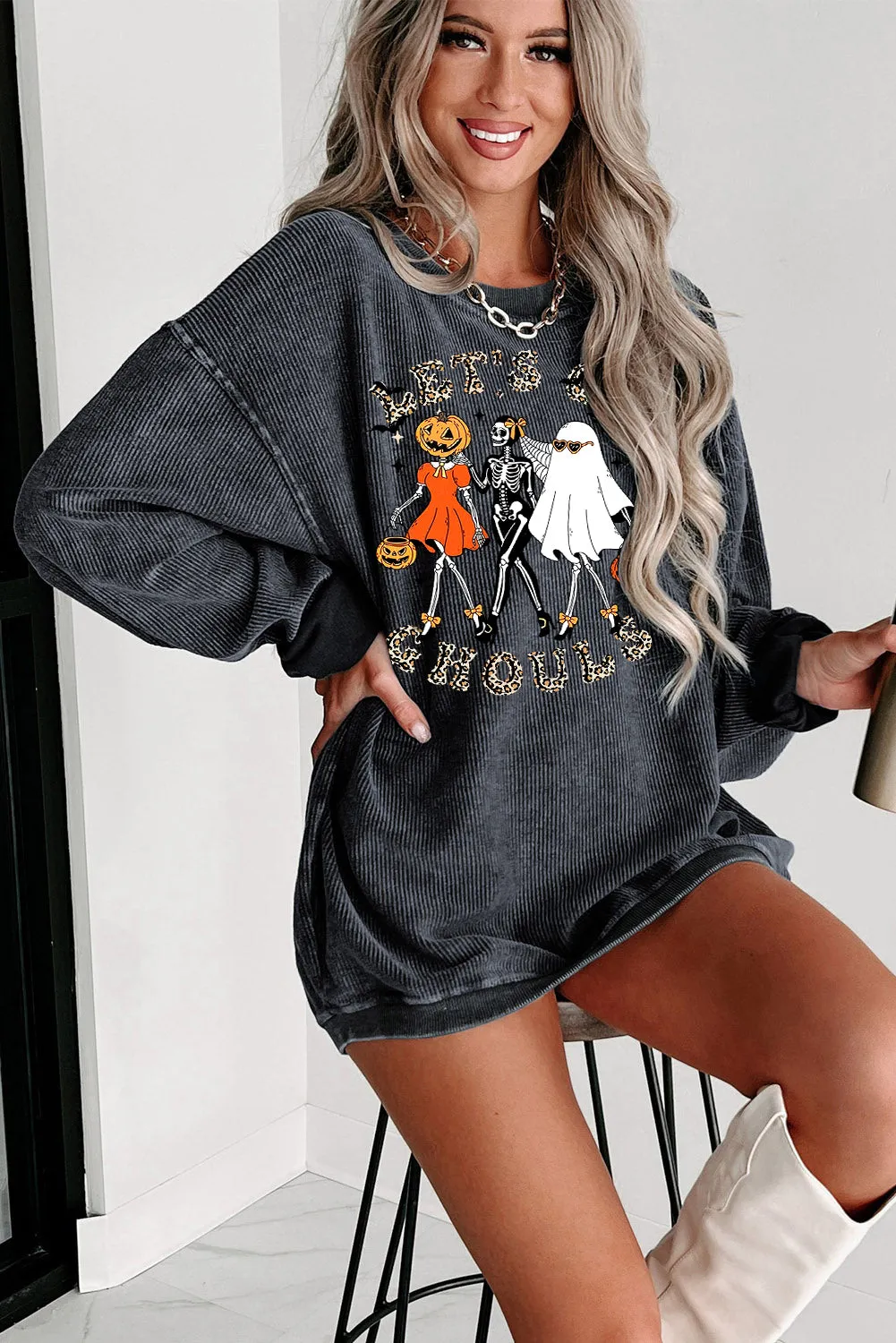 Halloween Plain Crew Neck Pumpkin Skull Ghost Pattern Pullover Sweatshirt