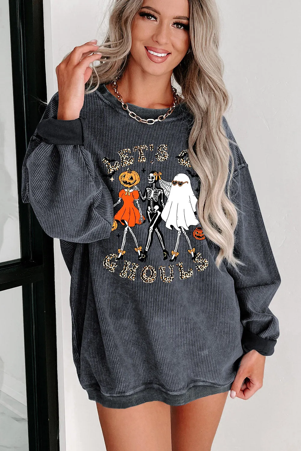 Halloween Plain Crew Neck Pumpkin Skull Ghost Pattern Pullover Sweatshirt