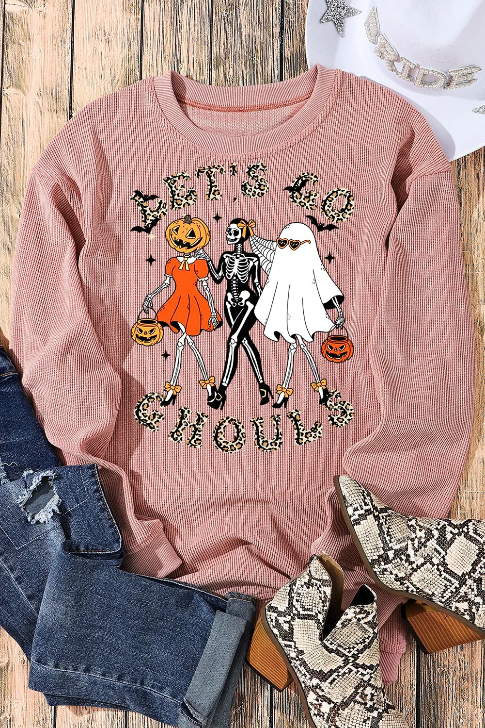 Halloween Plain Crew Neck Pumpkin Skull Ghost Pattern Pullover Sweatshirt