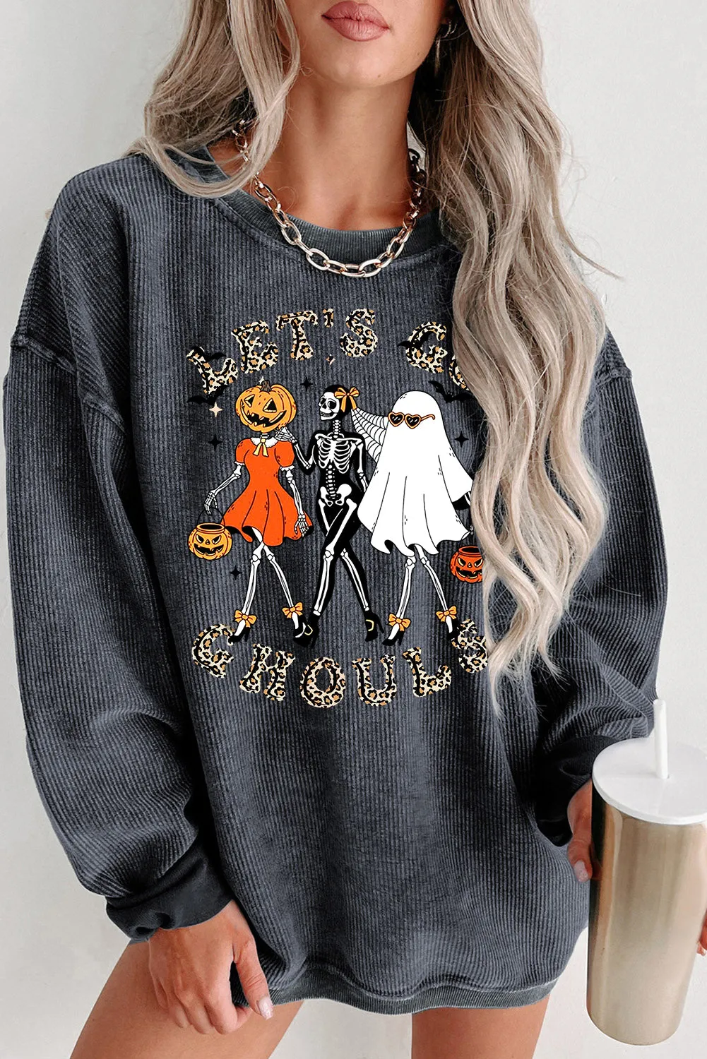 Halloween Plain Crew Neck Pumpkin Skull Ghost Pattern Pullover Sweatshirt