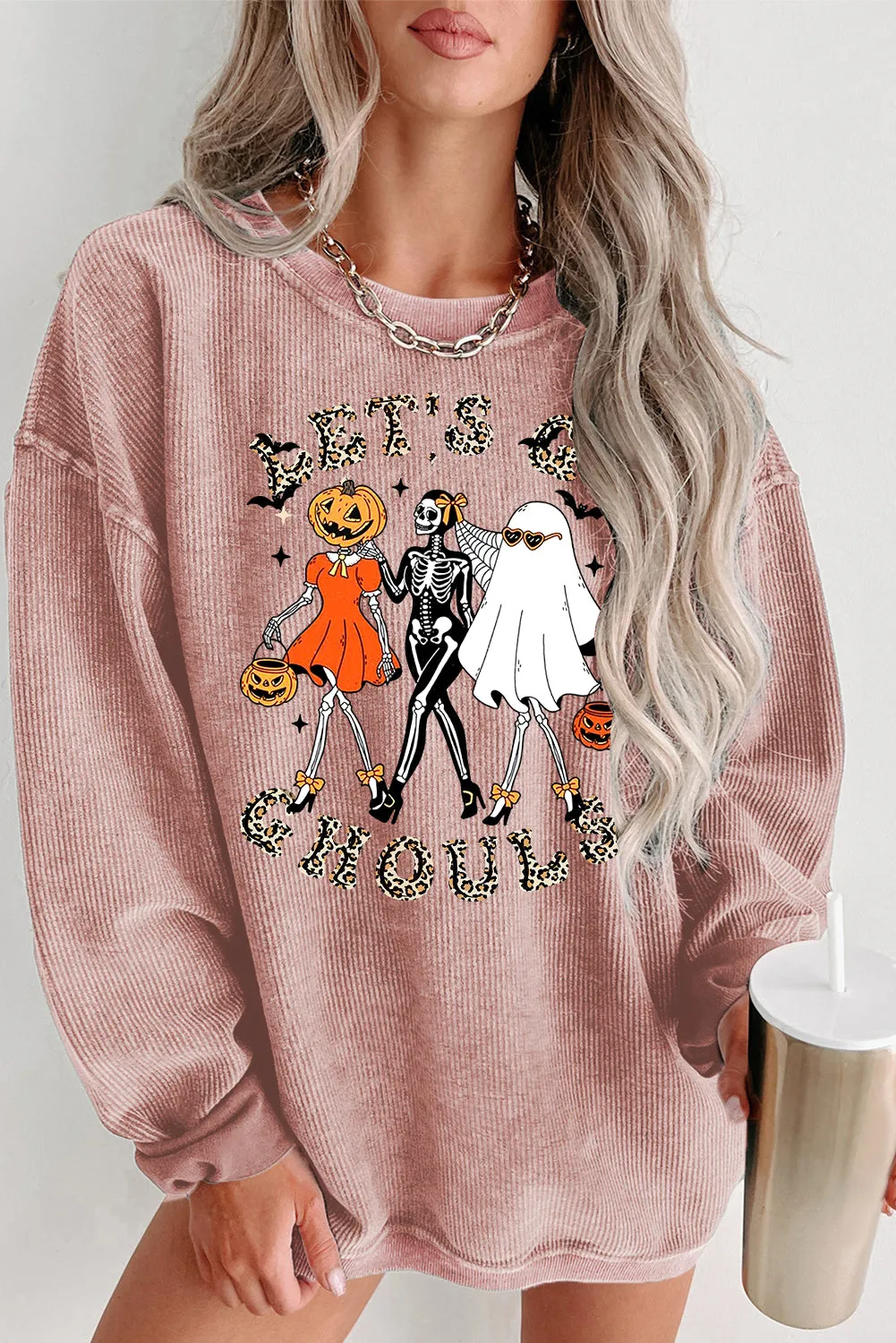 Halloween Plain Crew Neck Pumpkin Skull Ghost Pattern Pullover Sweatshirt