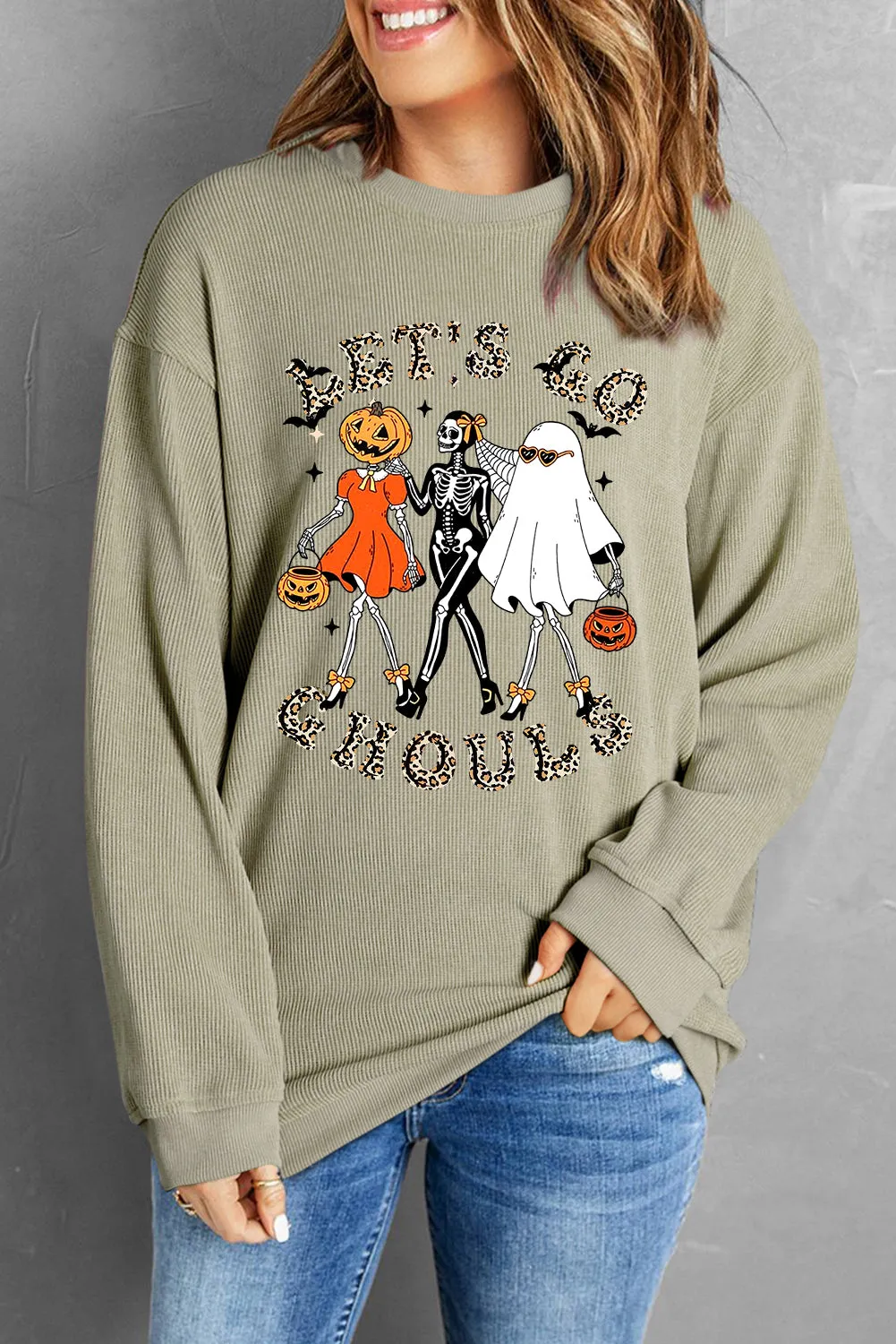 Halloween Plain Crew Neck Pumpkin Skull Ghost Pattern Pullover Sweatshirt