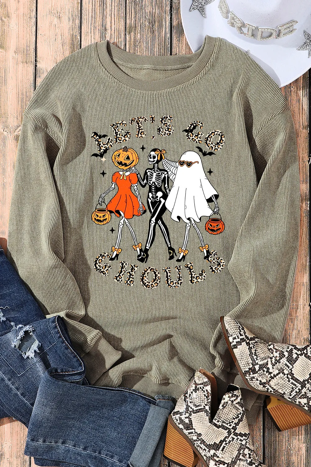 Halloween Plain Crew Neck Pumpkin Skull Ghost Pattern Pullover Sweatshirt