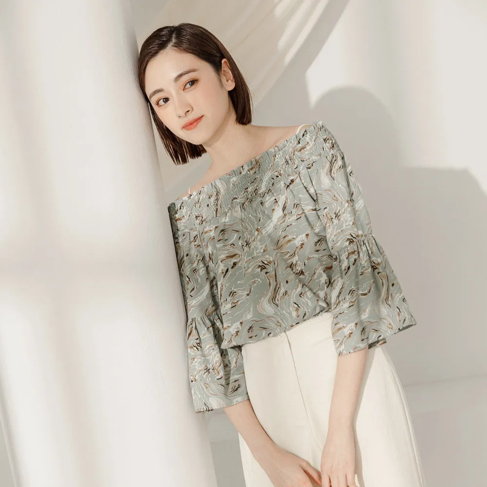 Korean Cooling Waves Print Chiffon Off Shoulder Blouse Top