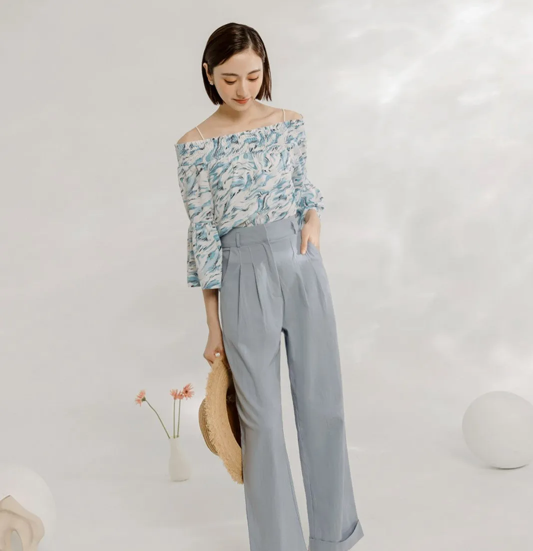 Korean Cooling Waves Print Chiffon Off Shoulder Blouse Top