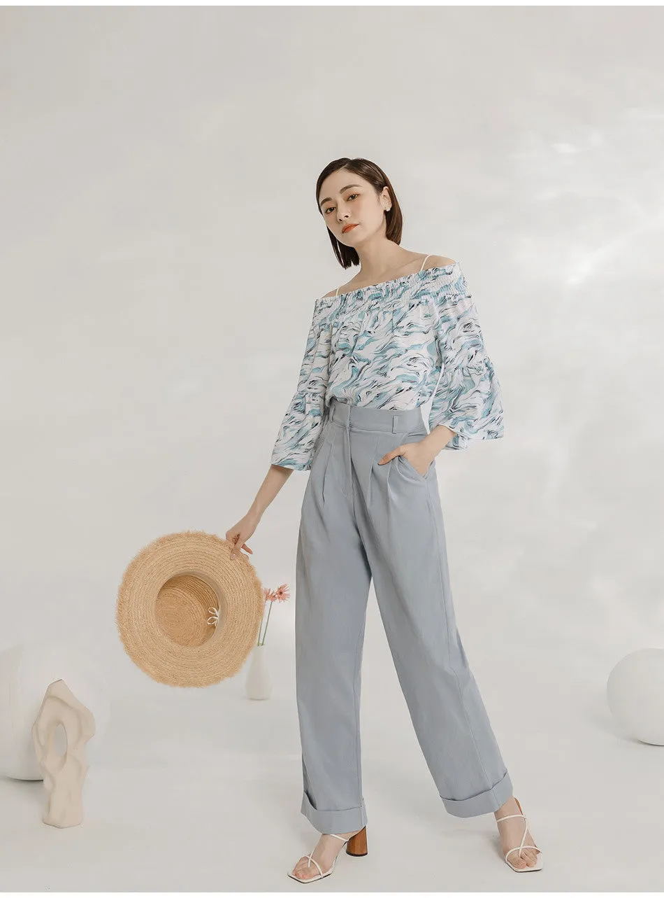 Korean Cooling Waves Print Chiffon Off Shoulder Blouse Top