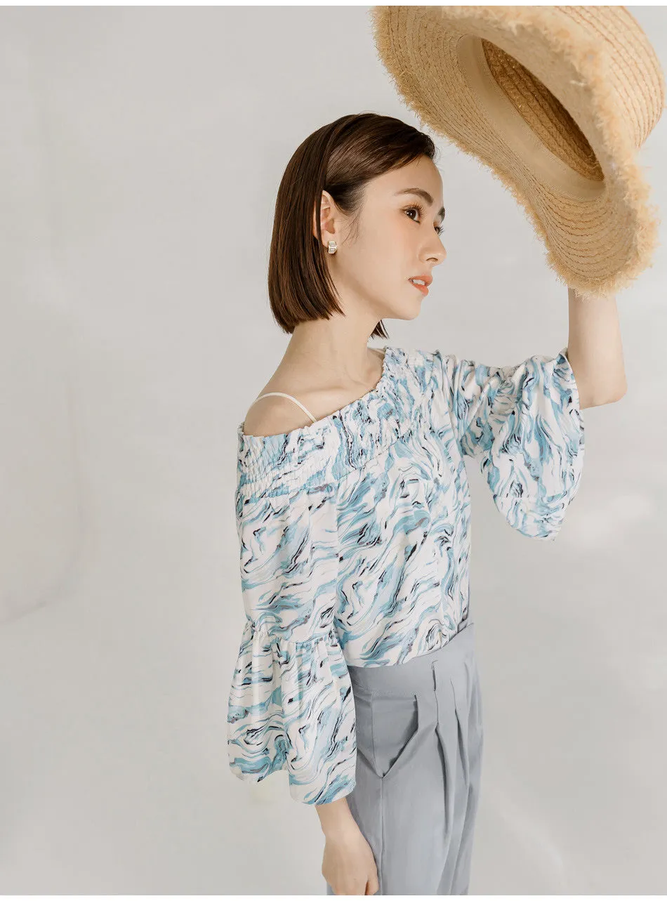 Korean Cooling Waves Print Chiffon Off Shoulder Blouse Top