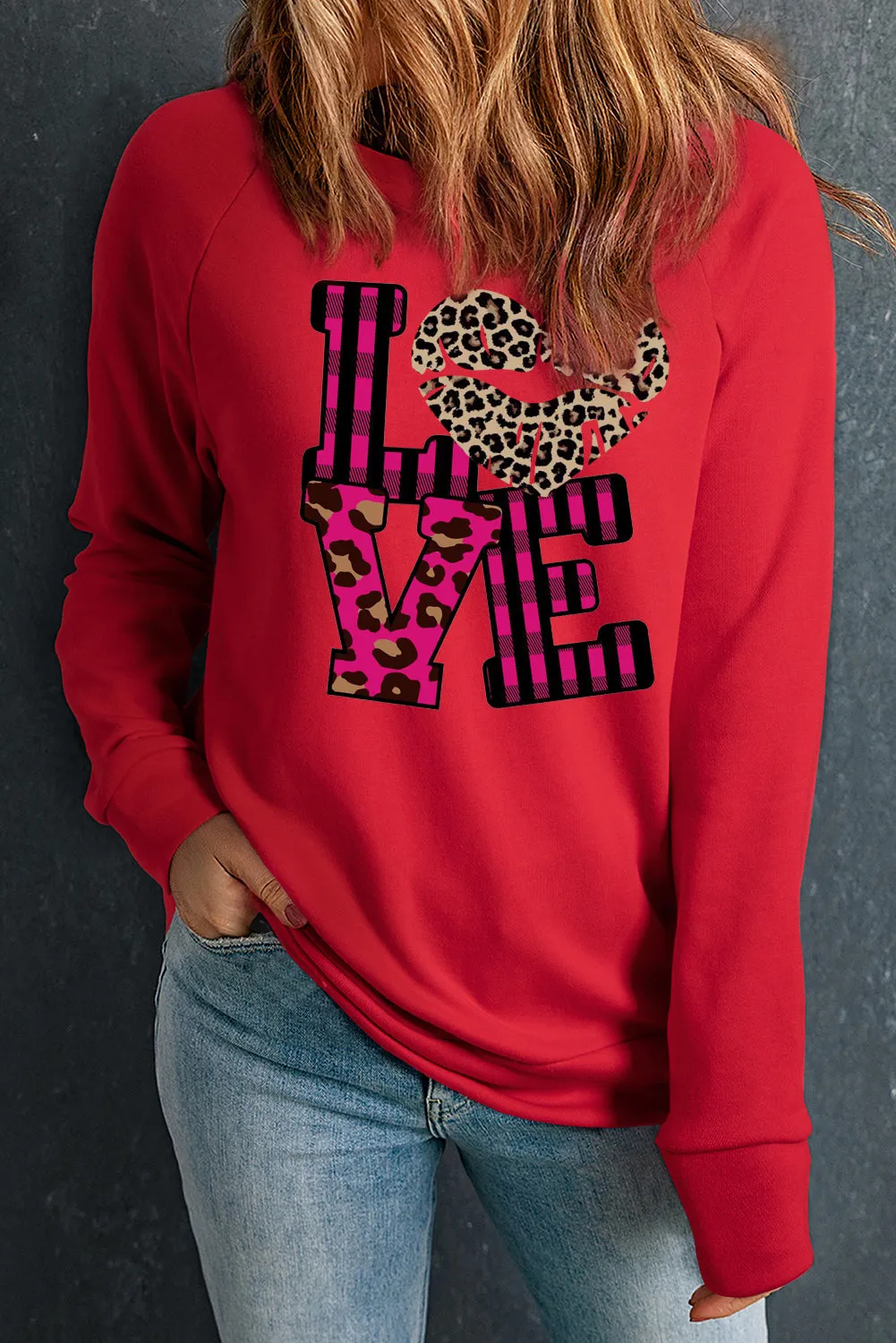 Leopard Print Patchwork Heart Lettering Crew Neck Sweatshirt