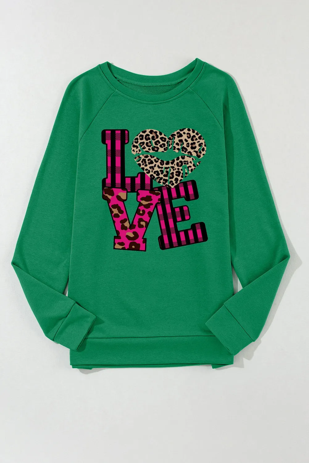 Leopard Print Patchwork Heart Lettering Crew Neck Sweatshirt