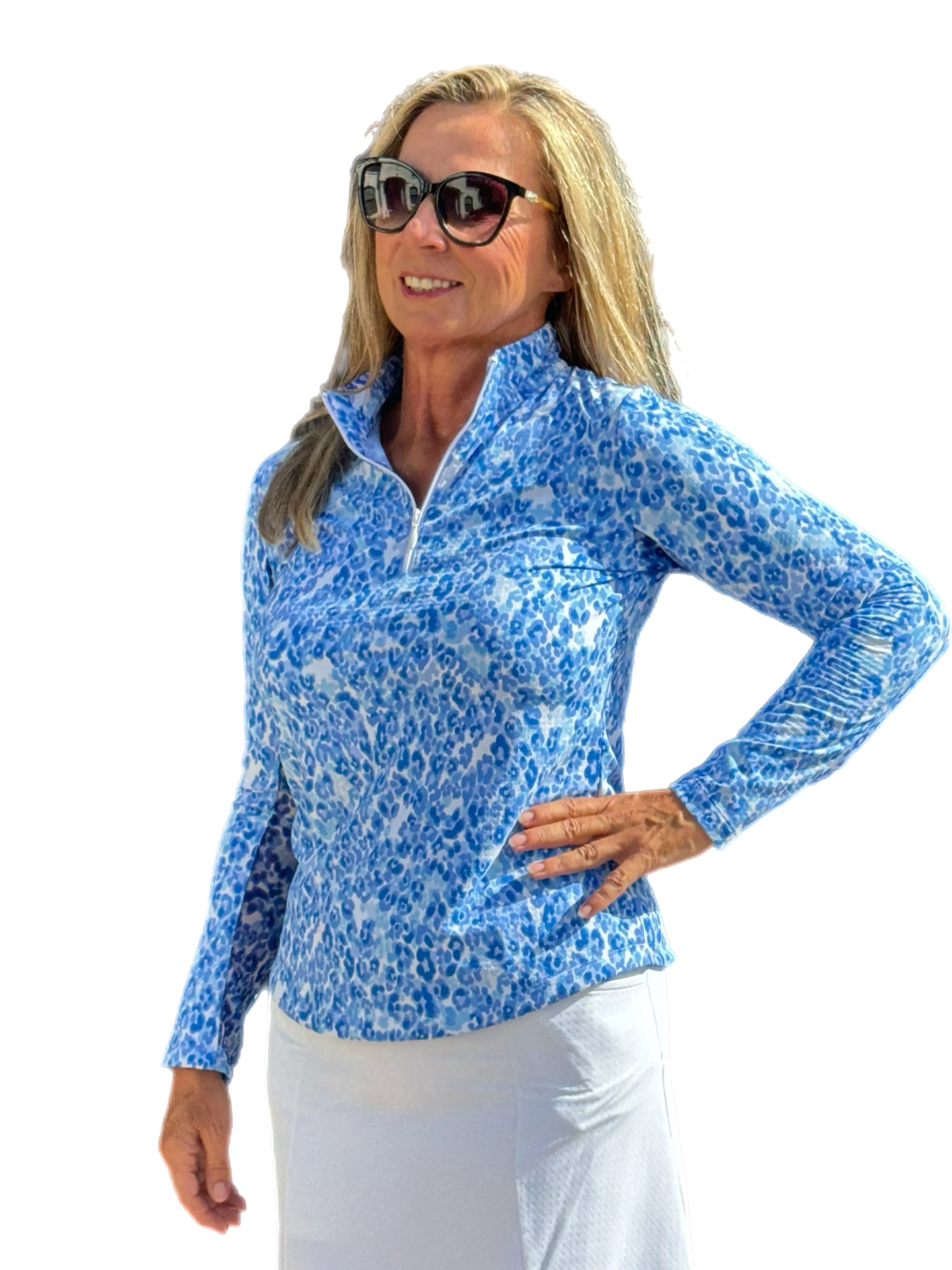 Long Sleeve Mock-Neck Zip Top Blue Confetti