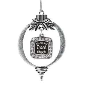 Silver World's Best Track Coach Square Charm Holiday Ornament