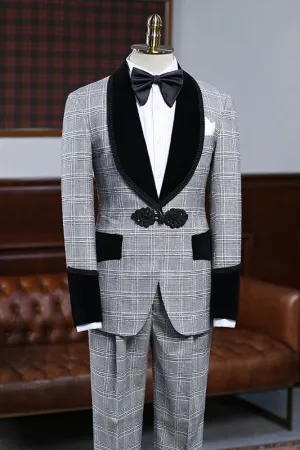 Steward Stylish Gray Plaid Knitted Button Wedding Suit for Grooms