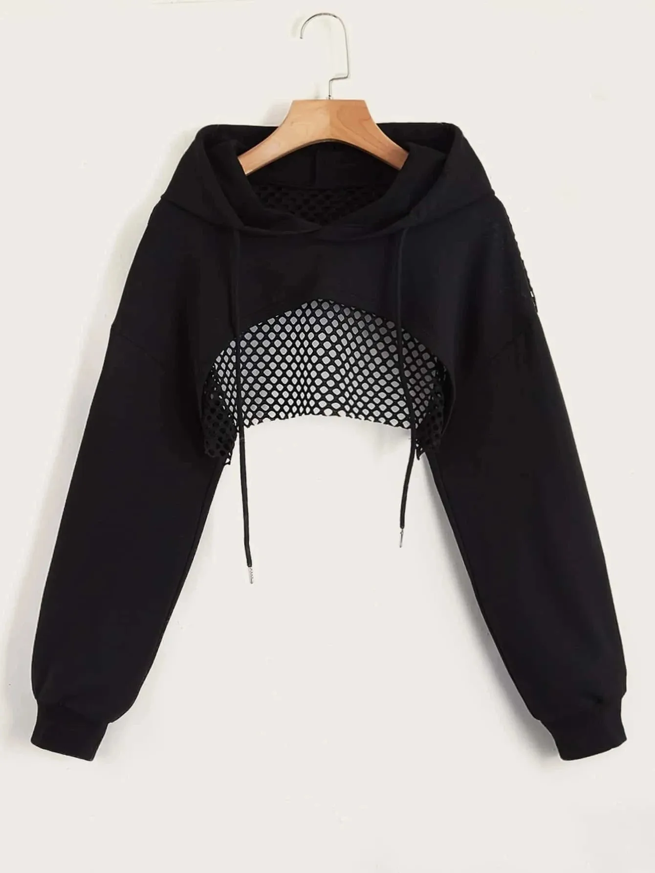 Street Sport Drop Shoulder Drawstring Hollow Out Super Crop Sports Hoodie Without Cami Top