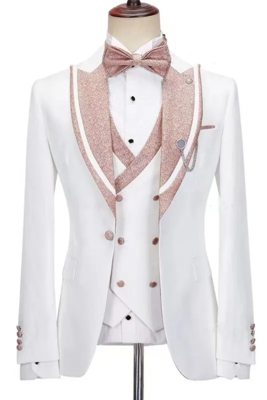 Stylish White Slim Fit Peak Lapel Three-Piece Wedding Ensemble