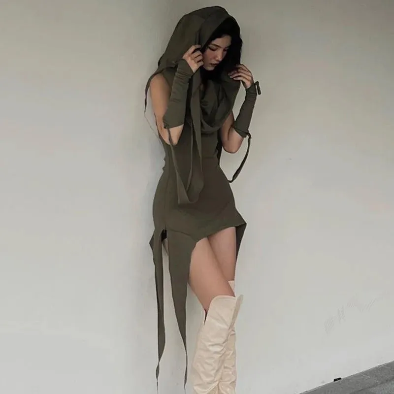 SUCHCUTE Irregular Hoodies Streetwear Knitted Short Dresses Chic Womens Sleeveless Backless Slim Grunge Green Mini Dress Holiday