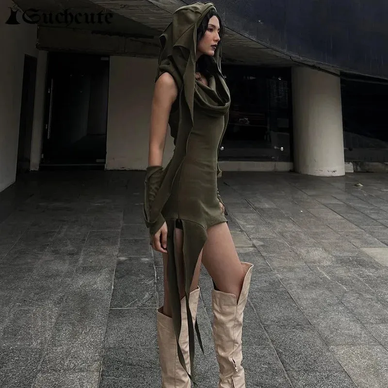 SUCHCUTE Irregular Hoodies Streetwear Knitted Short Dresses Chic Womens Sleeveless Backless Slim Grunge Green Mini Dress Holiday