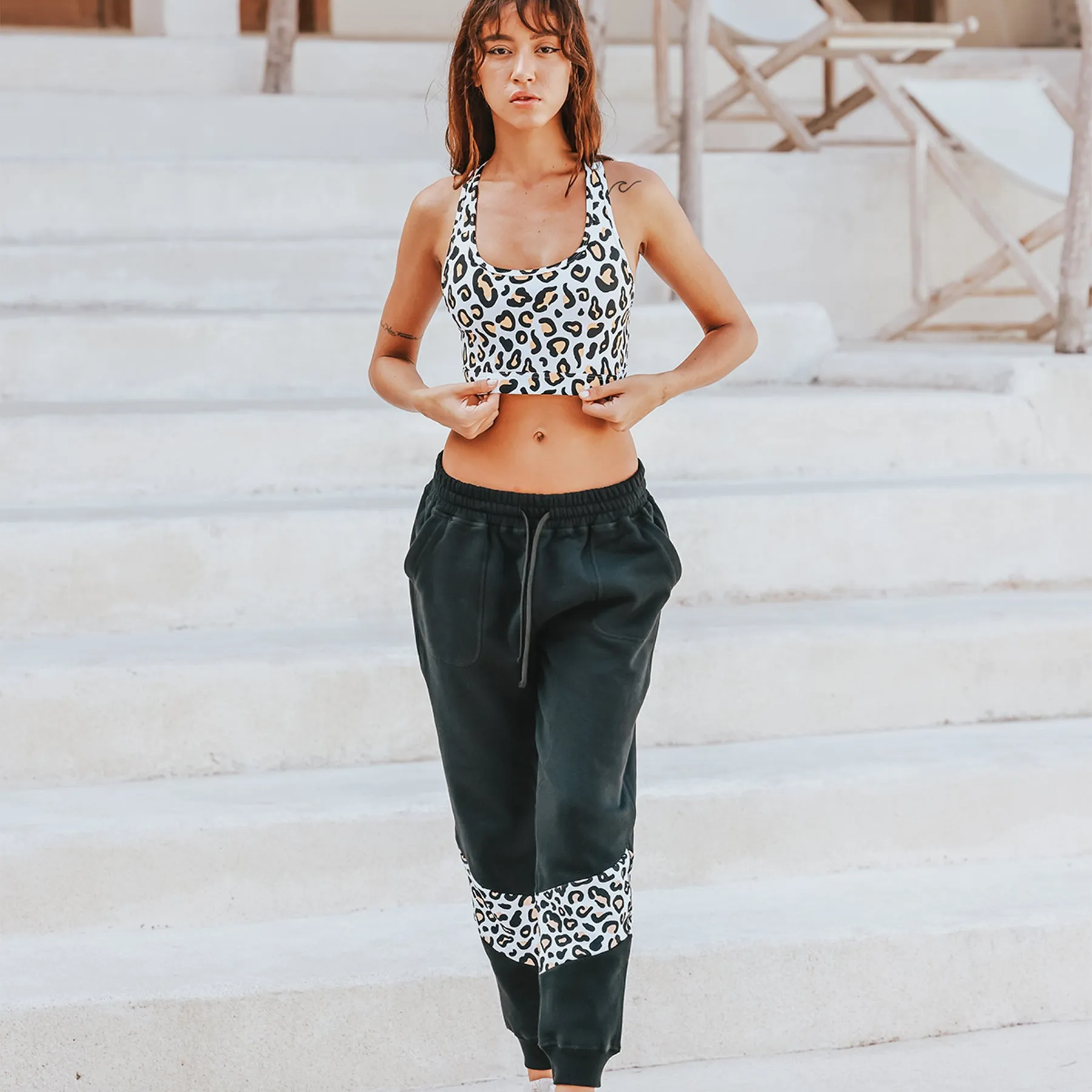 Track Pant Spliced Final Sale - Black & Leopard