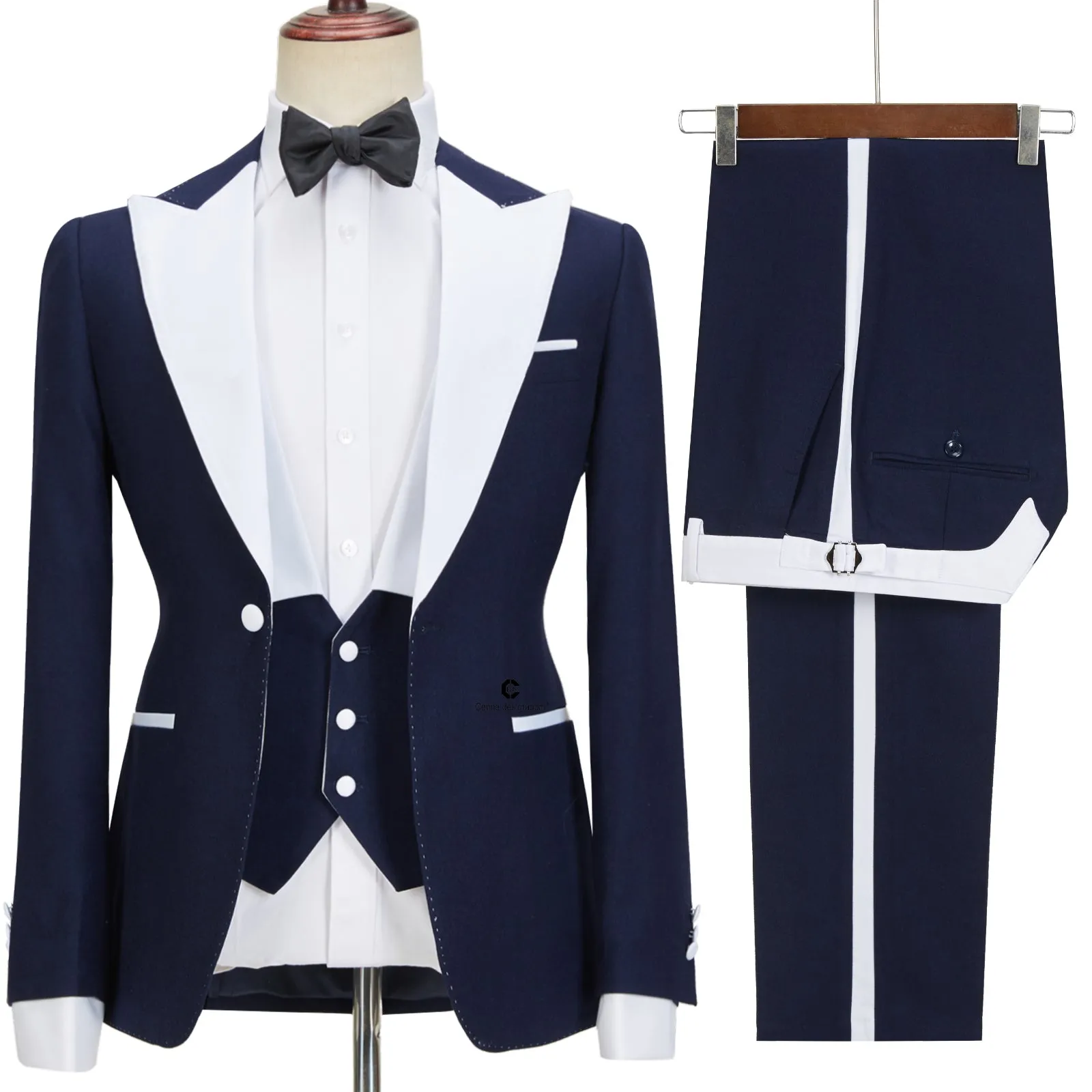 Tyler Stylish Navy Blue Peak Lapel Slim Fit Three-Piece Men’s Attire