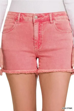 Washed Fray Hem Cotton Denim Shorts