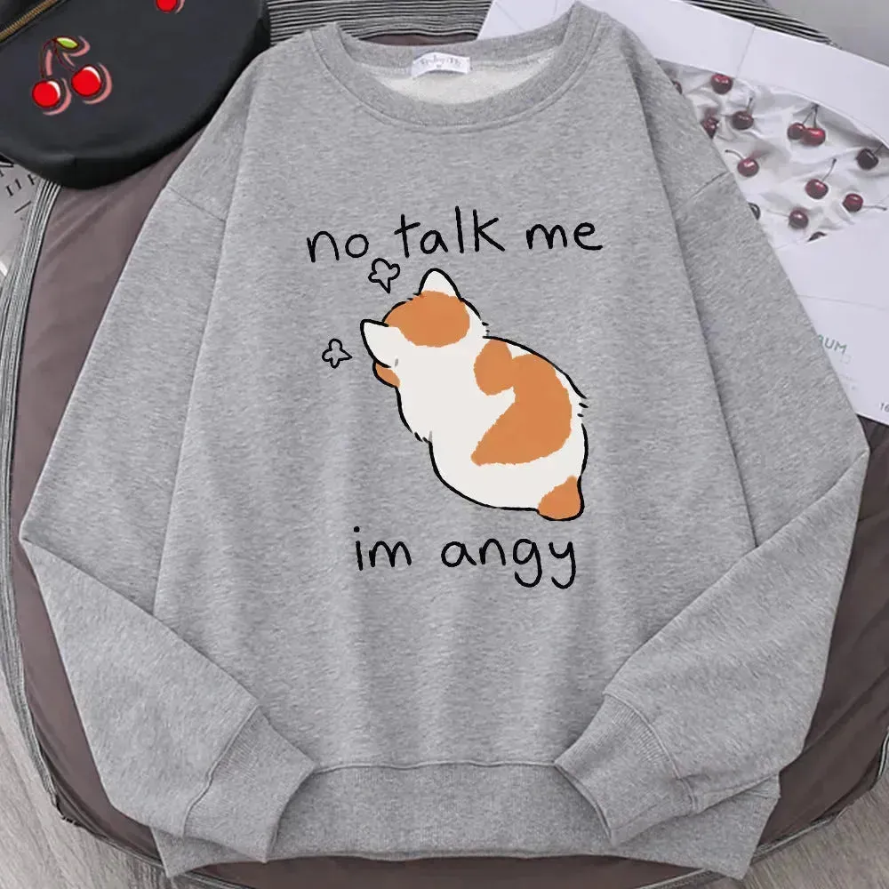 Women Chic Casual No Flattering Cat Print Crew Neck Sweatshirt