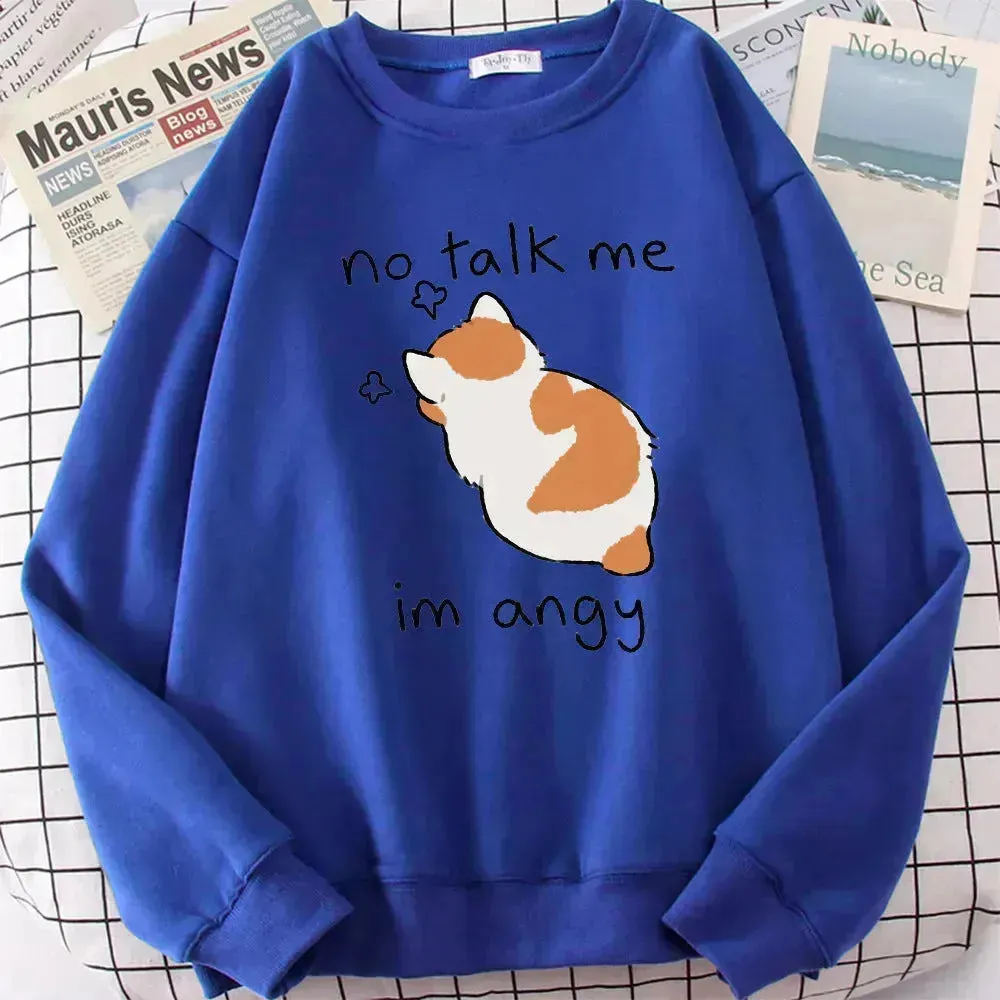 Women Chic Casual No Flattering Cat Print Crew Neck Sweatshirt