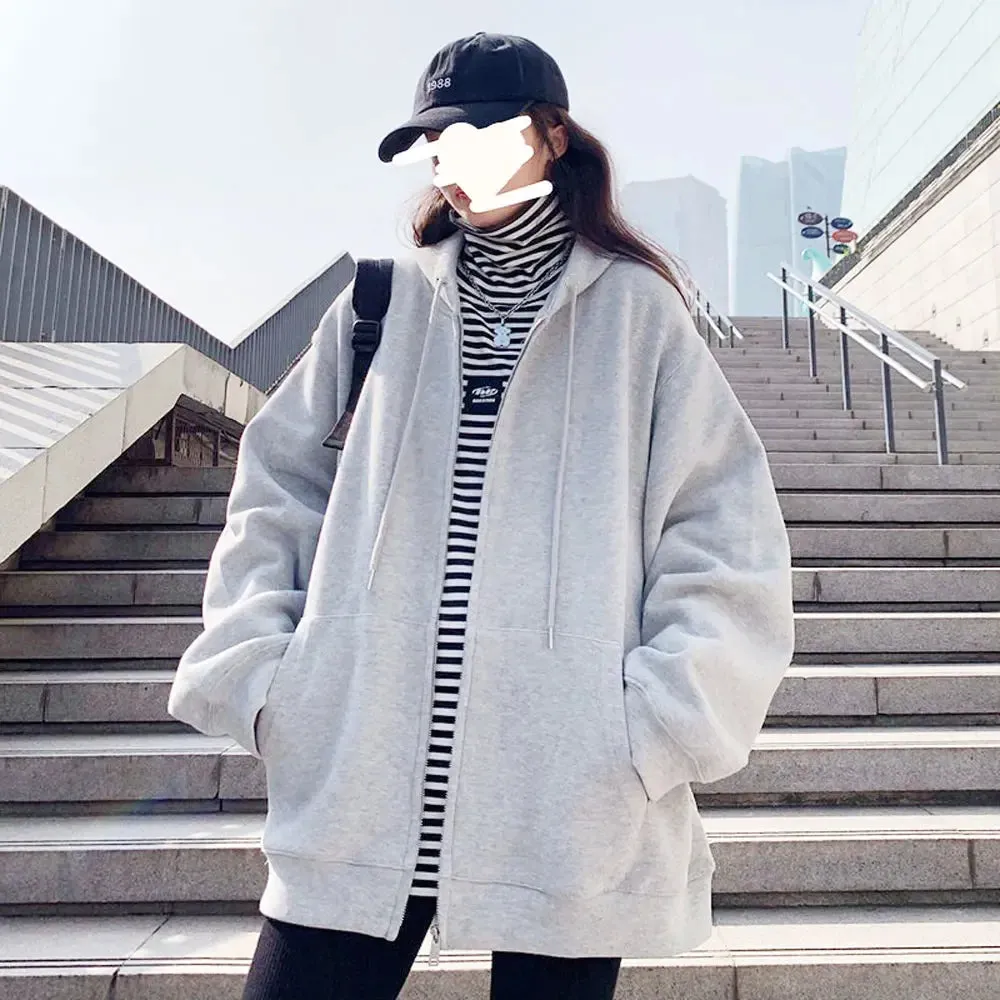 Women Solid Hoodies Coat Harajuku Basic Long Sleeve Spring Autumn Loose Zip Up Casual Oversized Sweatshirts Jacket with Pocket