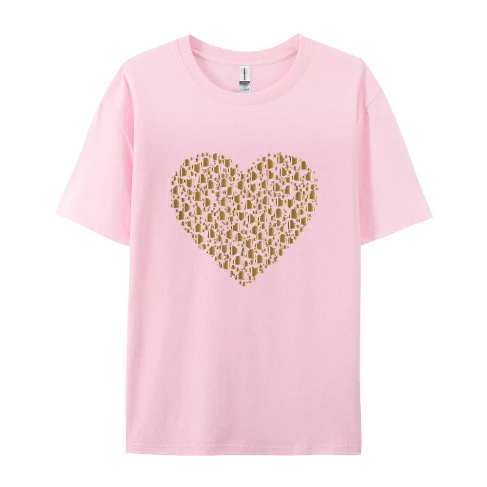 Women Valentine's Day Love Golden Heart Print Graphic T-shirt