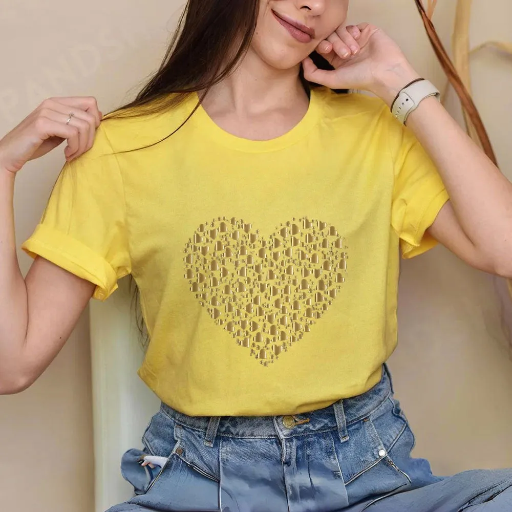 Women Valentine's Day Love Golden Heart Print Graphic T-shirt