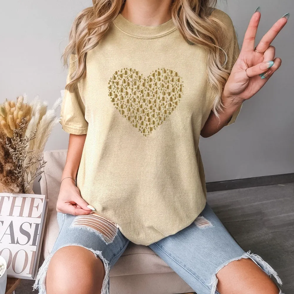 Women Valentine's Day Love Golden Heart Print Graphic T-shirt